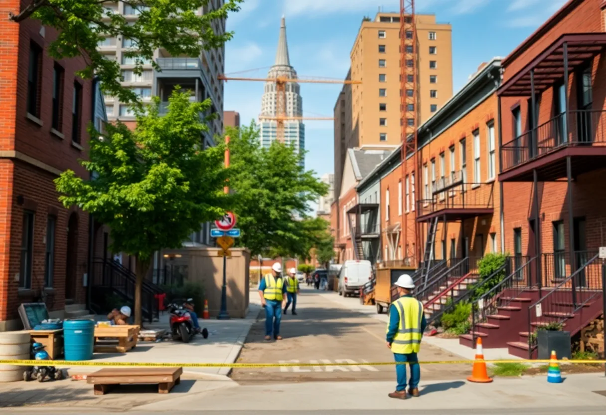 Revitalized neighborhood in Detroit with construction and community engagement