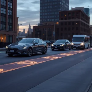 Electric vehicles wirelessly charging on Detroit street with coils embedded under the pavement