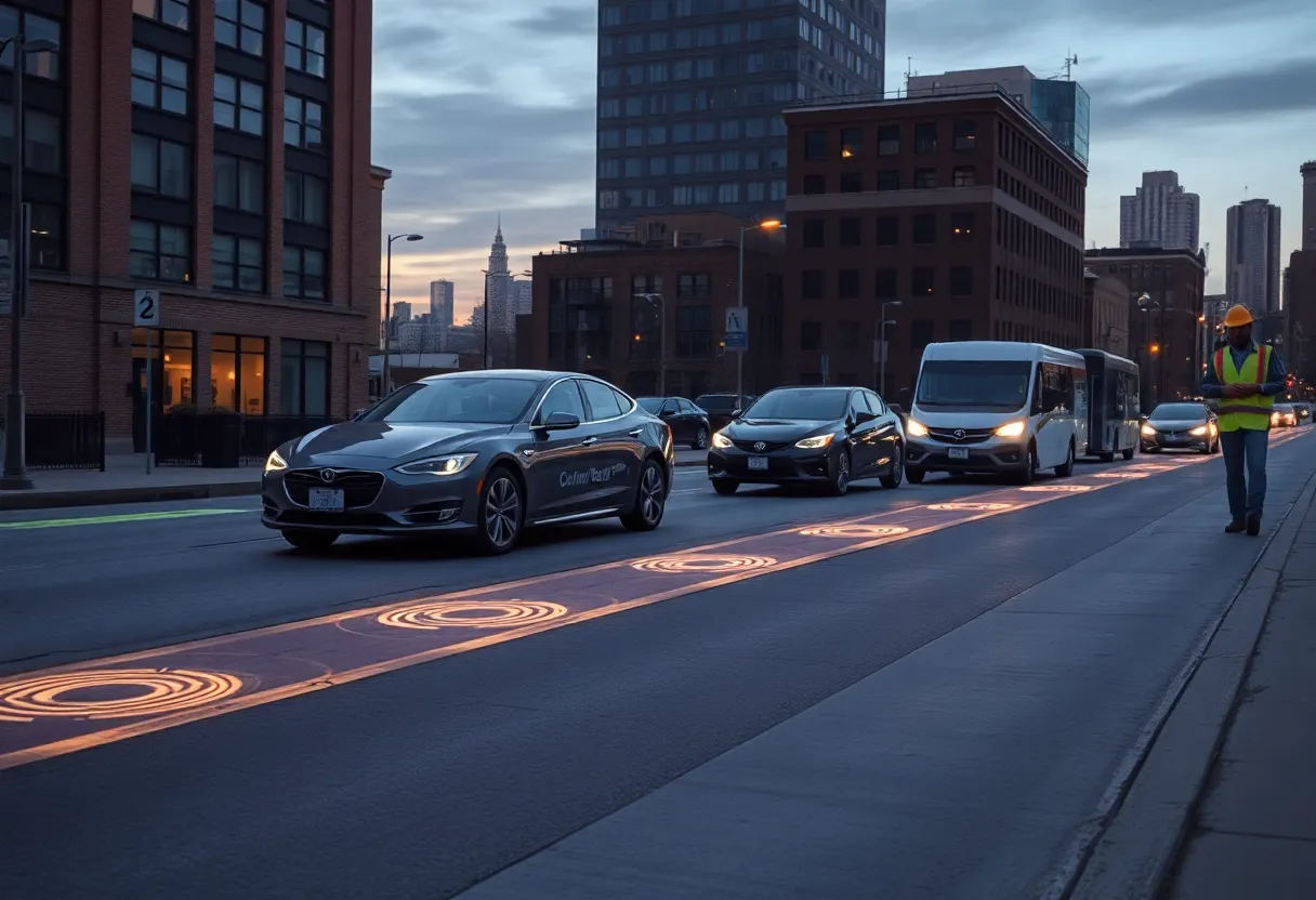Electric vehicles wirelessly charging on Detroit street with coils embedded under the pavement