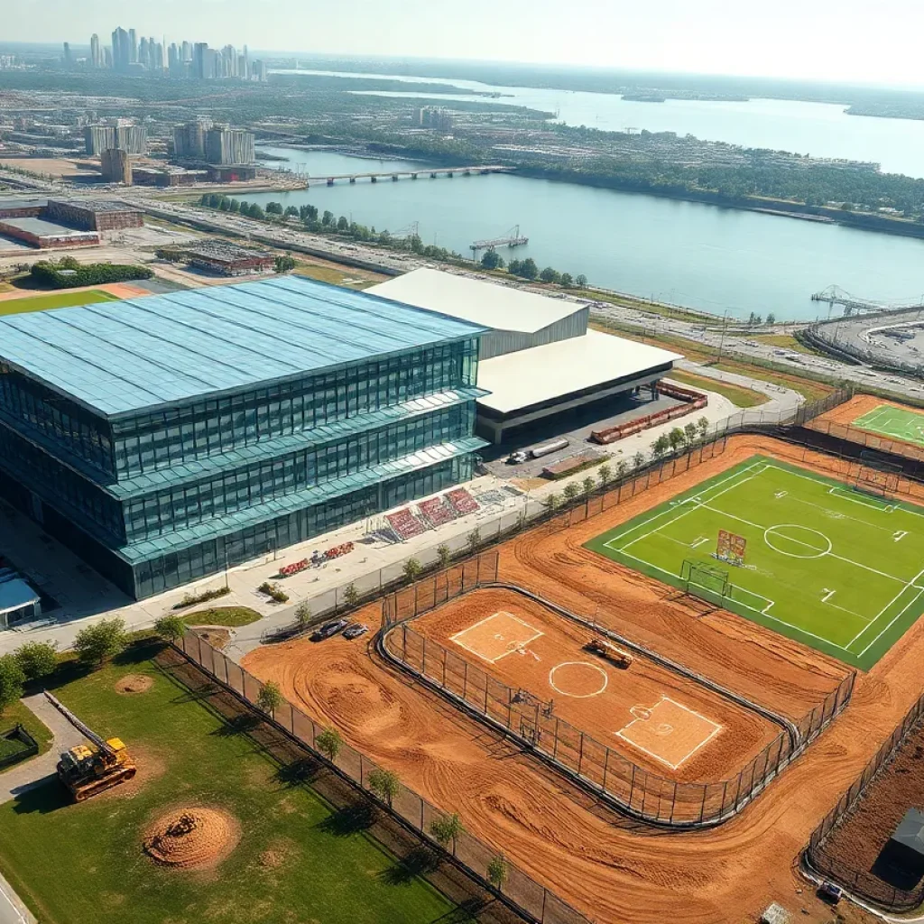 Rendering of proposed WNBA practice facility and youth sports fields on Detroit riverfront