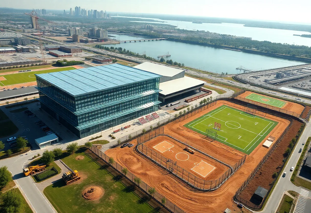 Rendering of proposed WNBA practice facility and youth sports fields on Detroit riverfront