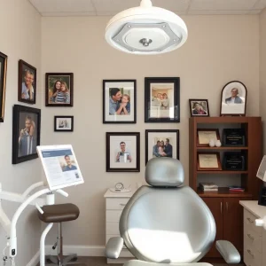 A dentist's office showcasing family photos and dental achievements.