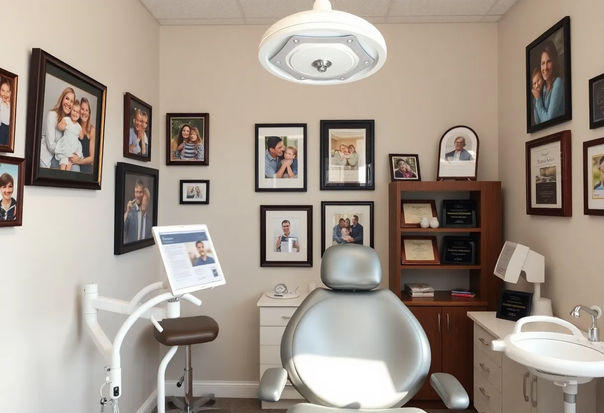 A dentist's office showcasing family photos and dental achievements.