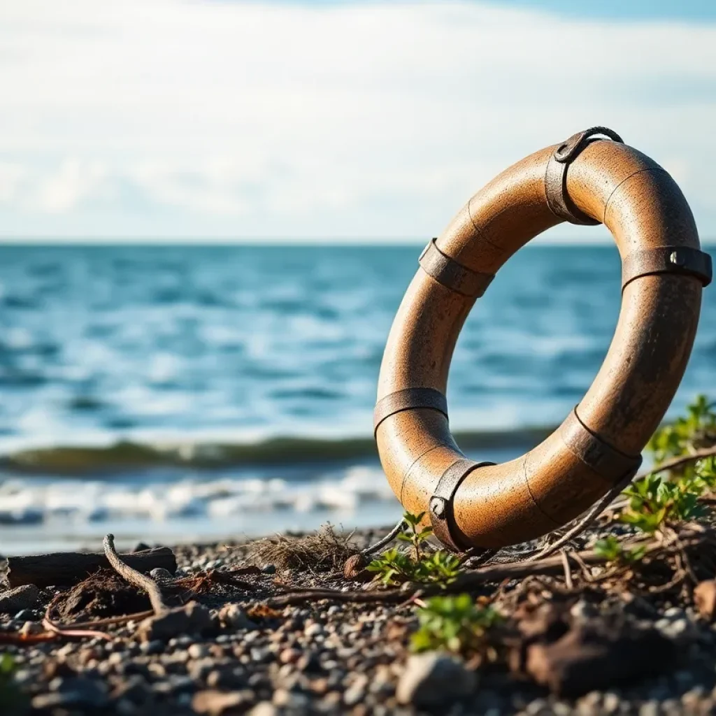 Life ring found on Lake Superior's shore, representing maritime history.