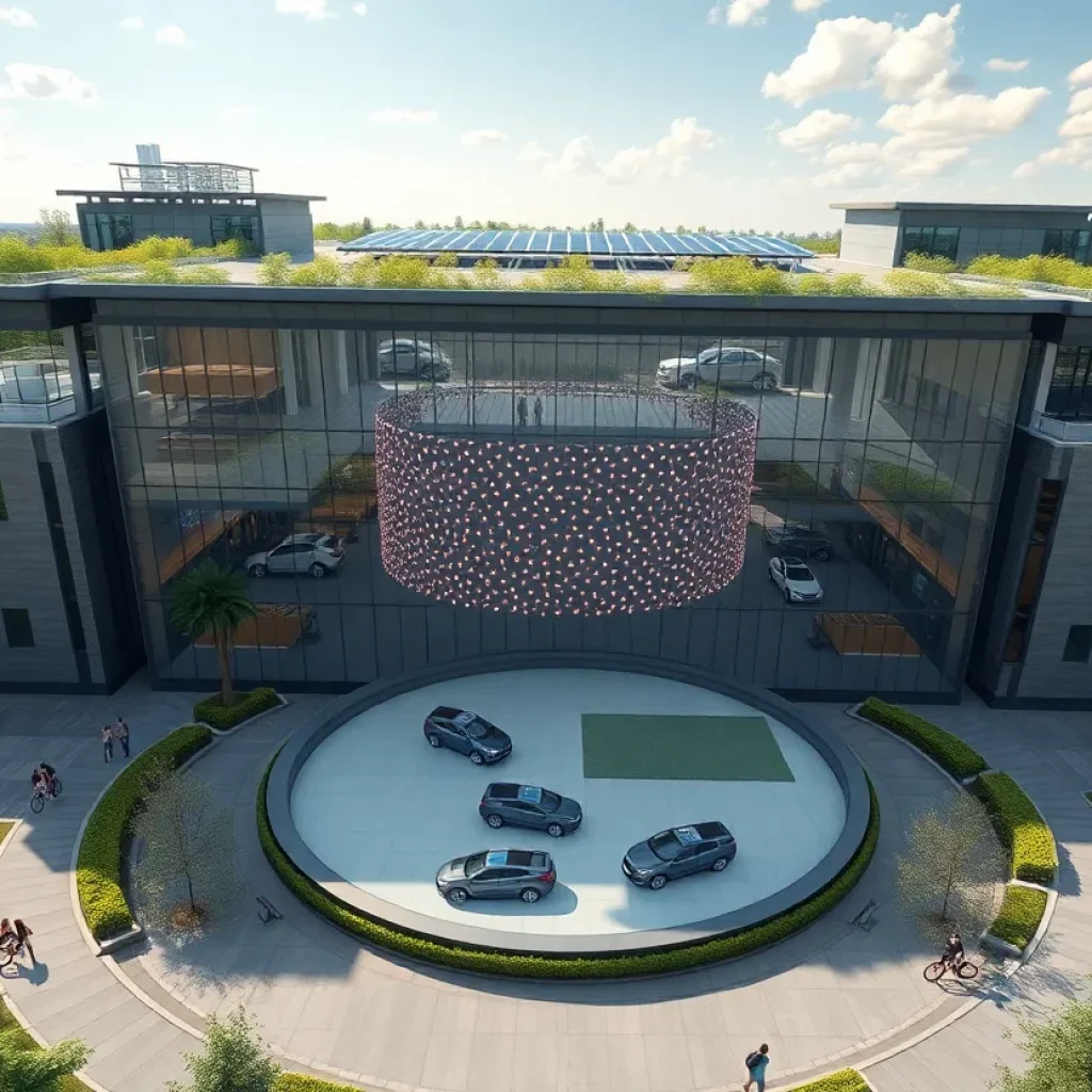 Exterior rendering of modern 4-story headquarters with glass facade, showroom turntables visible and surrounding greenspace