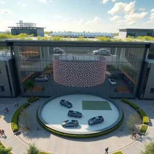 Exterior rendering of modern 4-story headquarters with glass facade, showroom turntables visible and surrounding greenspace