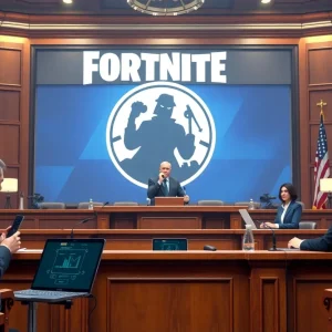 Courtroom scene depicting a Fortnite lawsuit