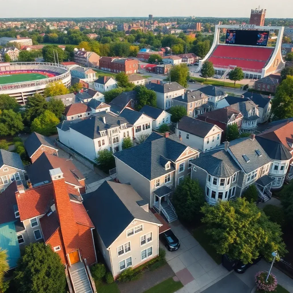 Aerial view of neighborhood showing homes near college stadium during game day