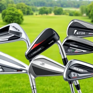 A collection of game improvement golf irons displayed on a golf course