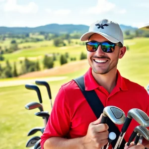 Golfer receiving rental clubs on a golf course