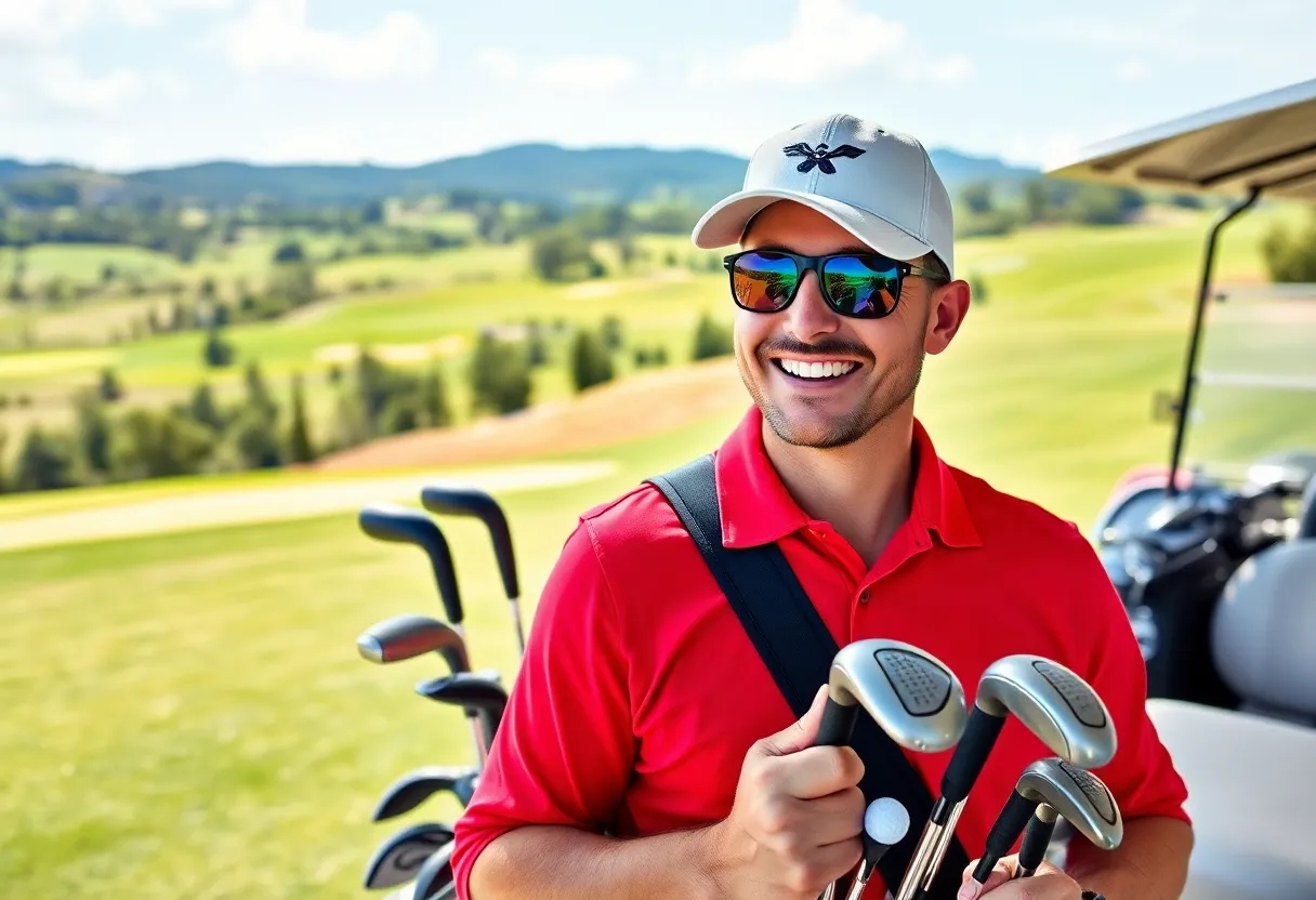 Golfer receiving rental clubs on a golf course