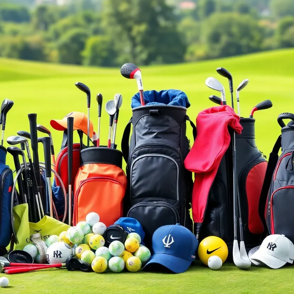 Variety of golf gear on a golf course