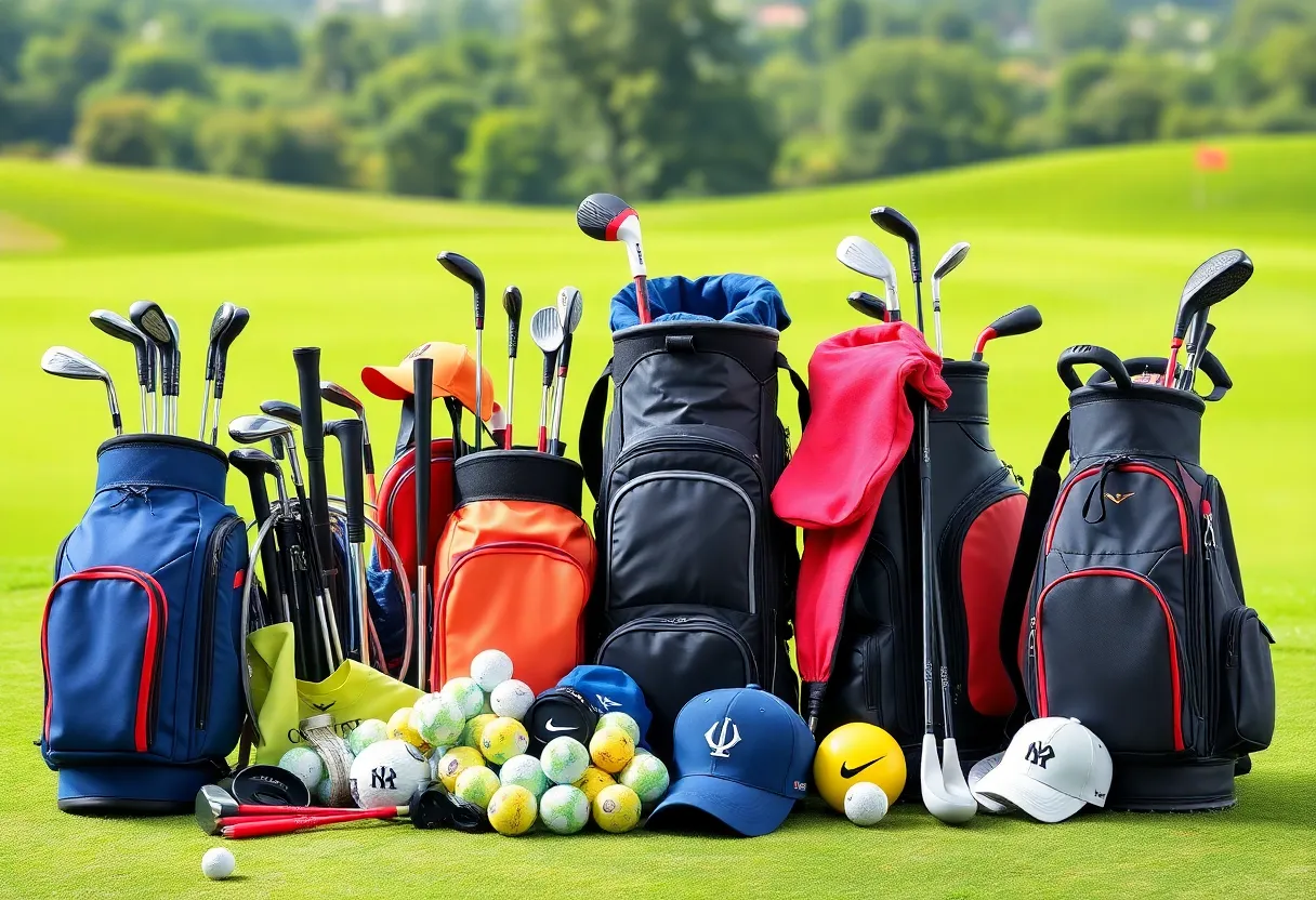 Variety of golf gear on a golf course