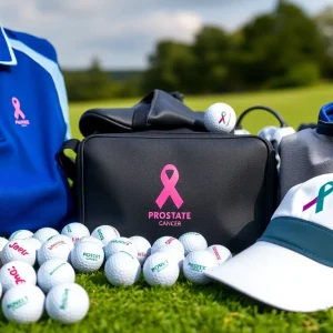 Branded golf products supporting prostate cancer research displayed on a golf course.
