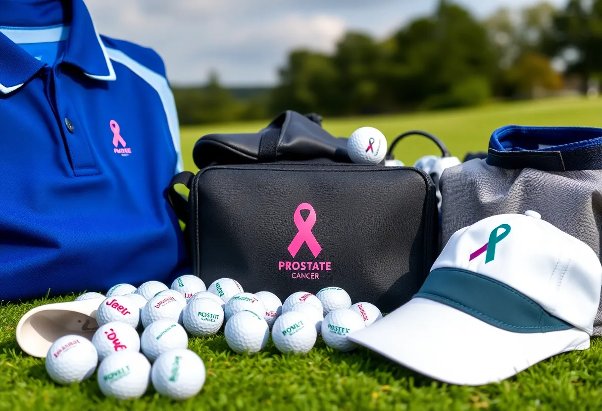 Branded golf products supporting prostate cancer research displayed on a golf course.