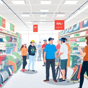 A busy golf retail store with customers browsing golf equipment.