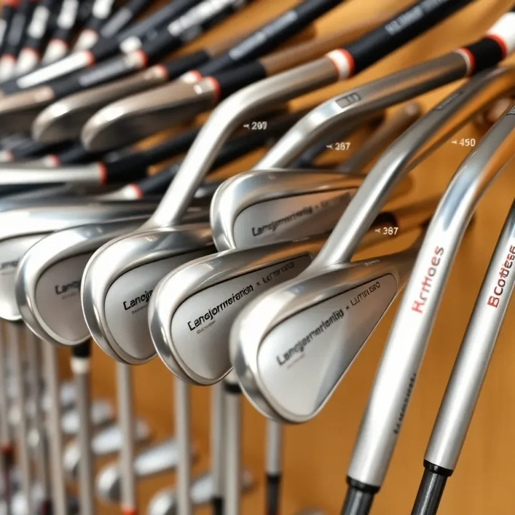 Display of golf clubs with visible manufacturing details