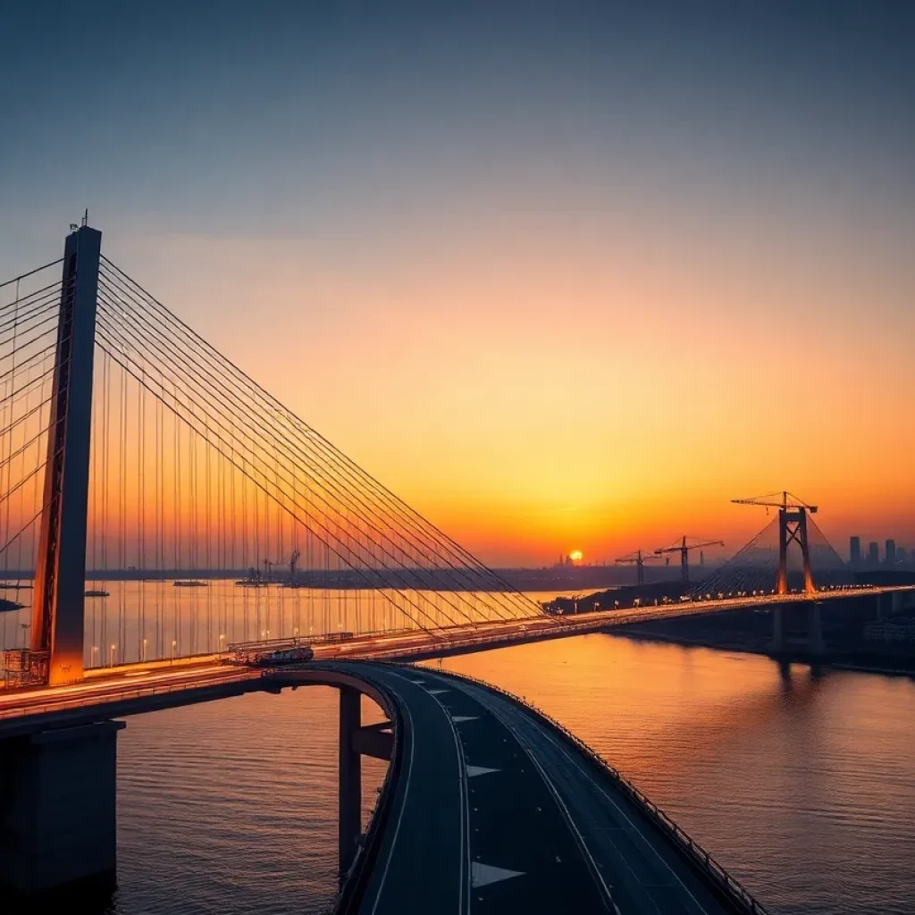 Cable-stayed bridge with towers, stay cables, illuminated deck and construction equipment on approaches