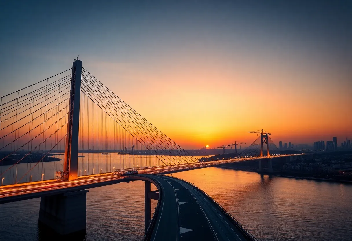 Cable-stayed bridge with towers, stay cables, illuminated deck and construction equipment on approaches