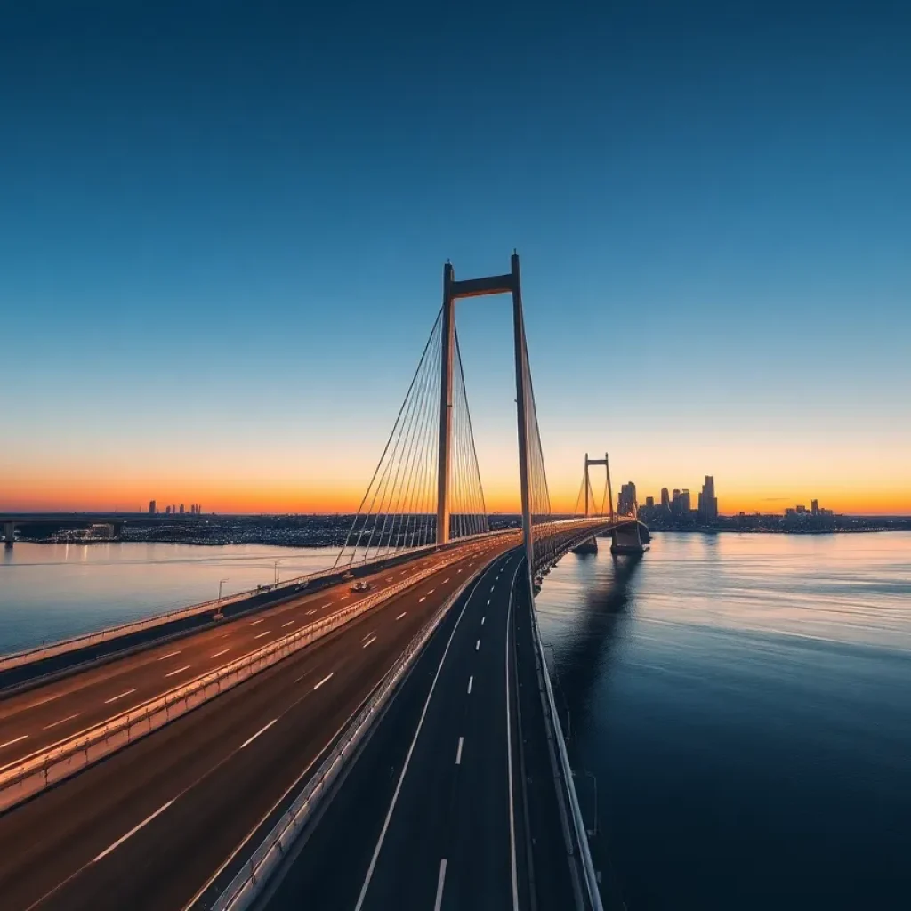 Cable-stayed bridge spanning the Detroit River with towers, six lanes and a multi-use pedestrian and cyclist path