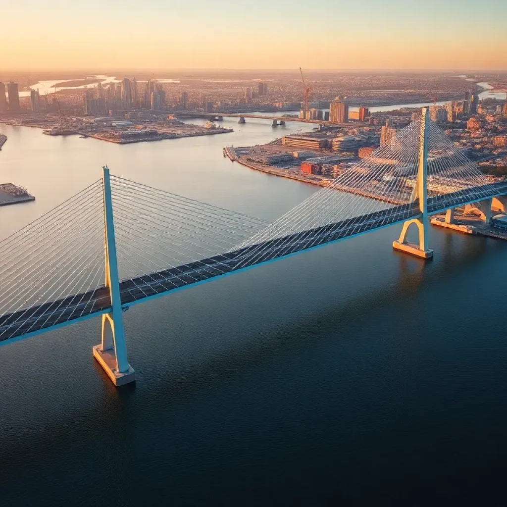 Aerial view of a cable-stayed bridge spanning a river between two city skylines with approach spans and construction elements