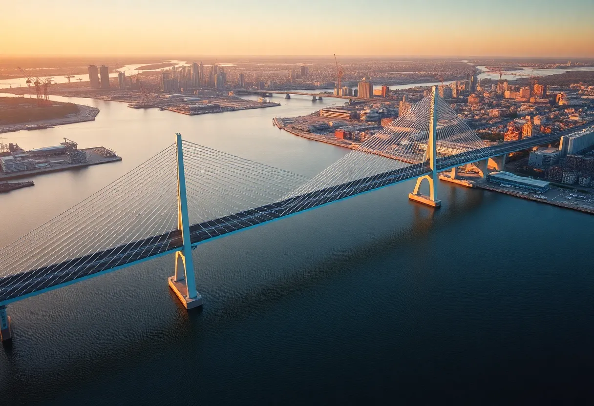 Aerial view of a cable-stayed bridge spanning a river between two city skylines with approach spans and construction elements