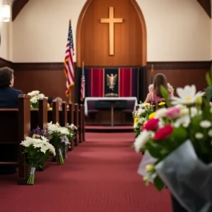 Community members gathered at a church for a funeral service.