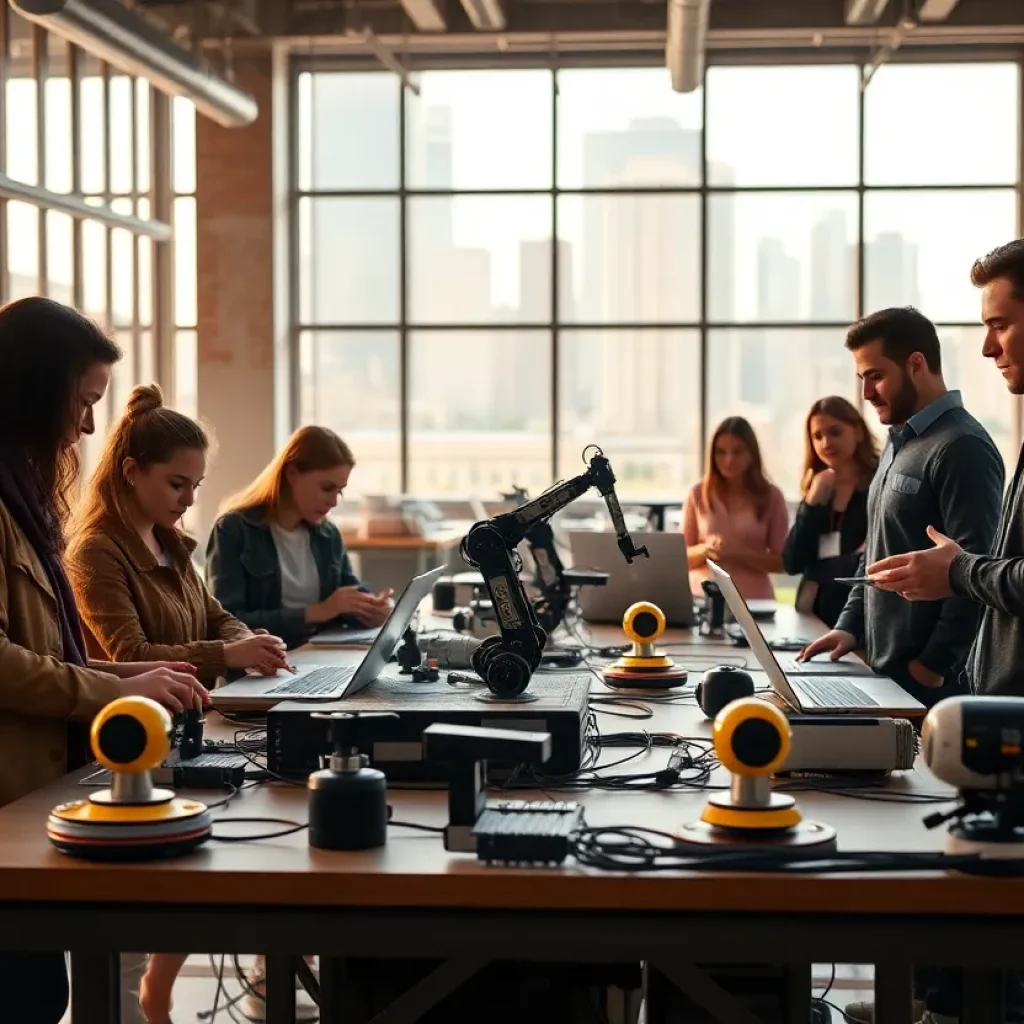 Diverse students and workers collaborating in a modern Detroit tech hub with robotics and manufacturing equipment visible