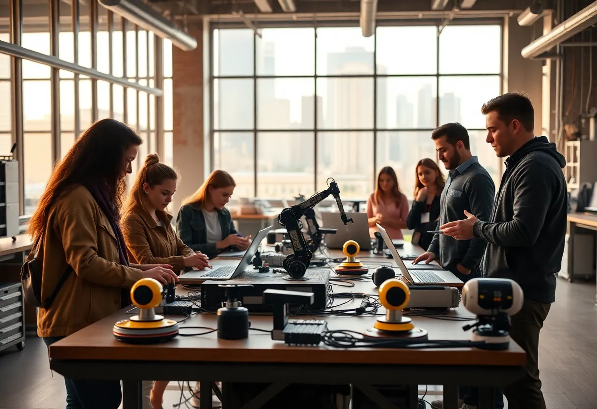 Diverse students and workers collaborating in a modern Detroit tech hub with robotics and manufacturing equipment visible