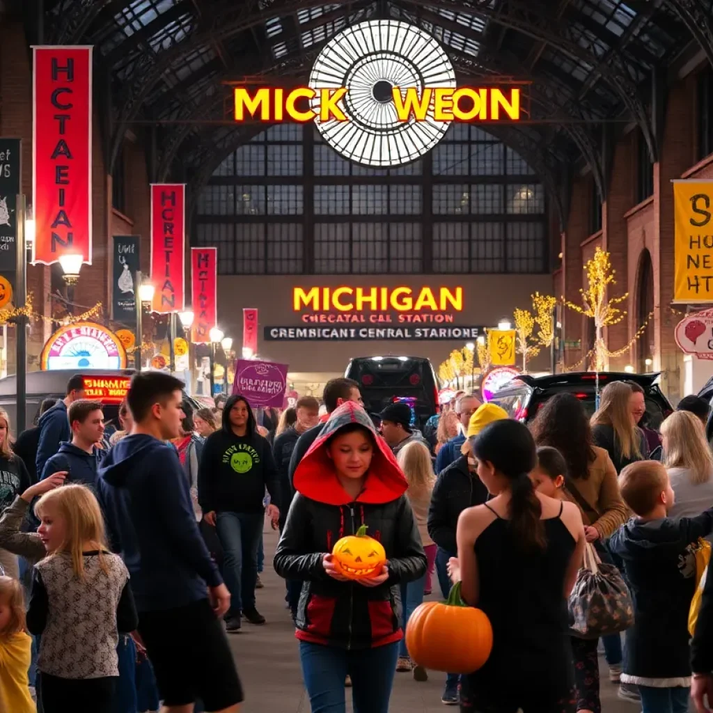 Families enjoying Halloween activities at Michigan Central Station.