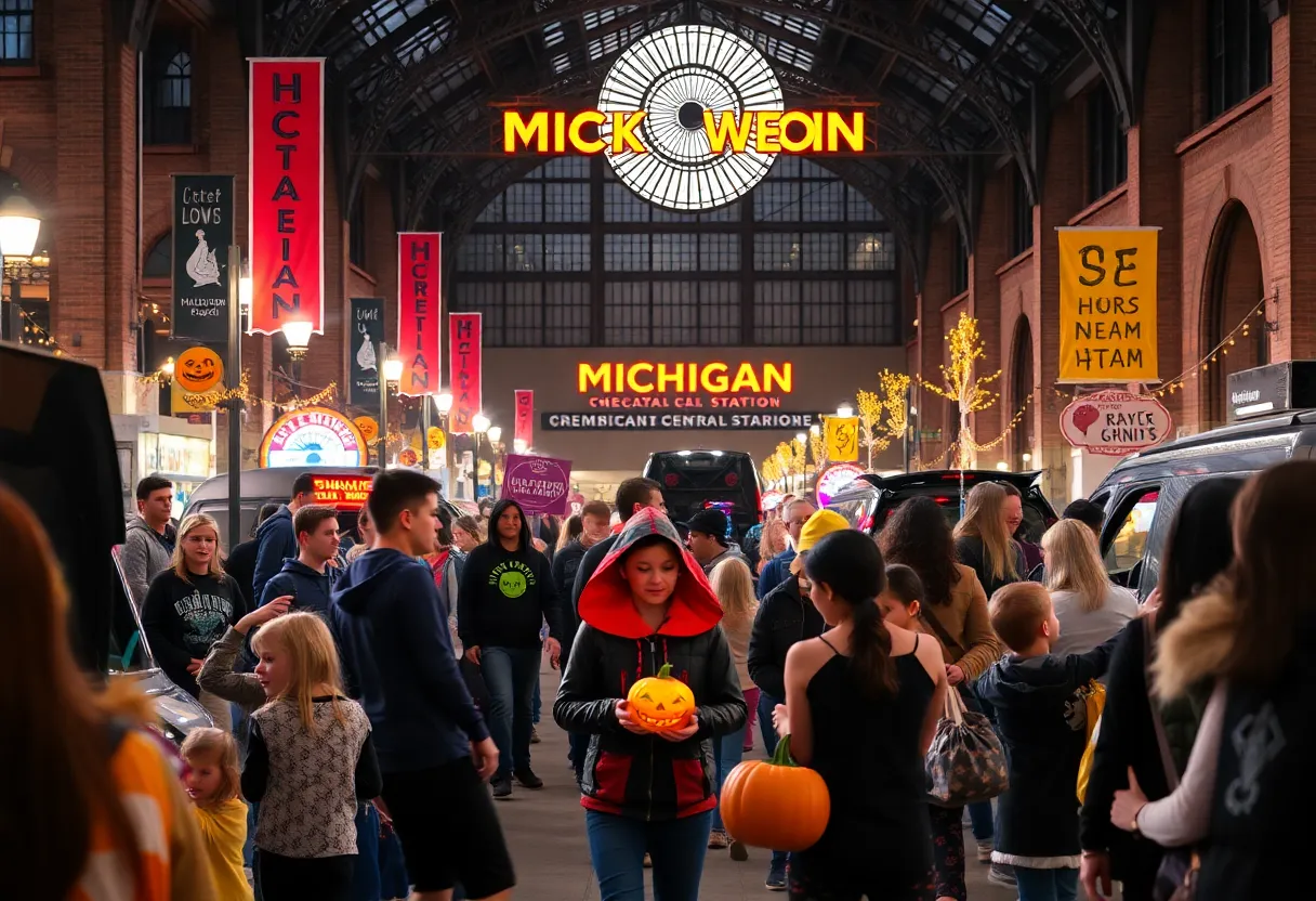Families enjoying Halloween activities at Michigan Central Station.