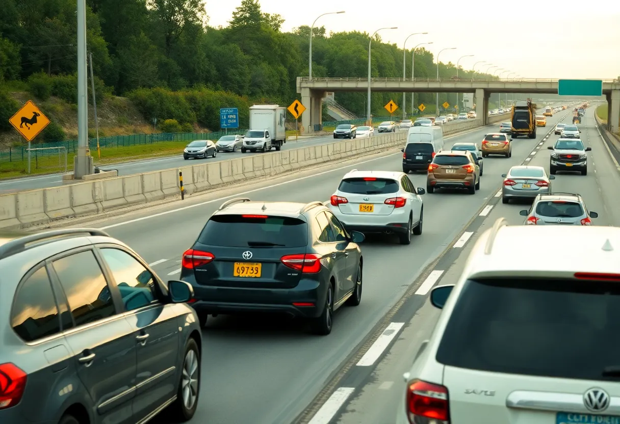Highway scene promoting safety and awareness regarding road rage
