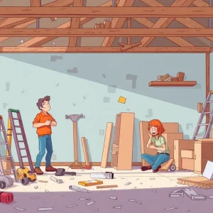 Post A Job in Detroit MI Chaotic home renovation scene with construction materials and unhappy homeowners.