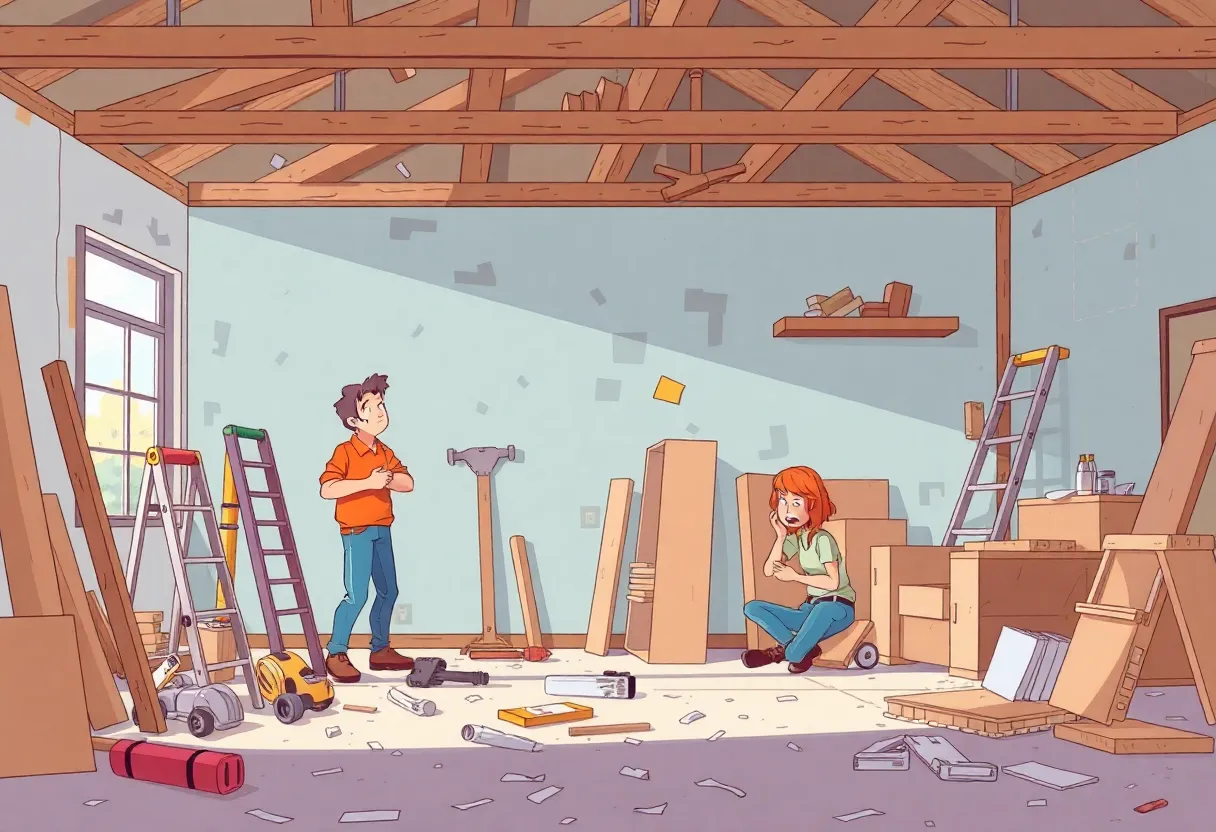 Chaotic home renovation scene with construction materials and unhappy homeowners.