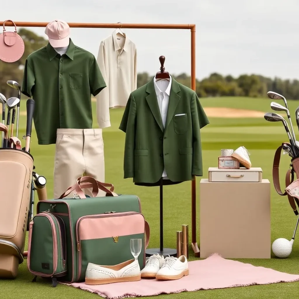 Luxurious high-end golf collection display with apparel and accessories