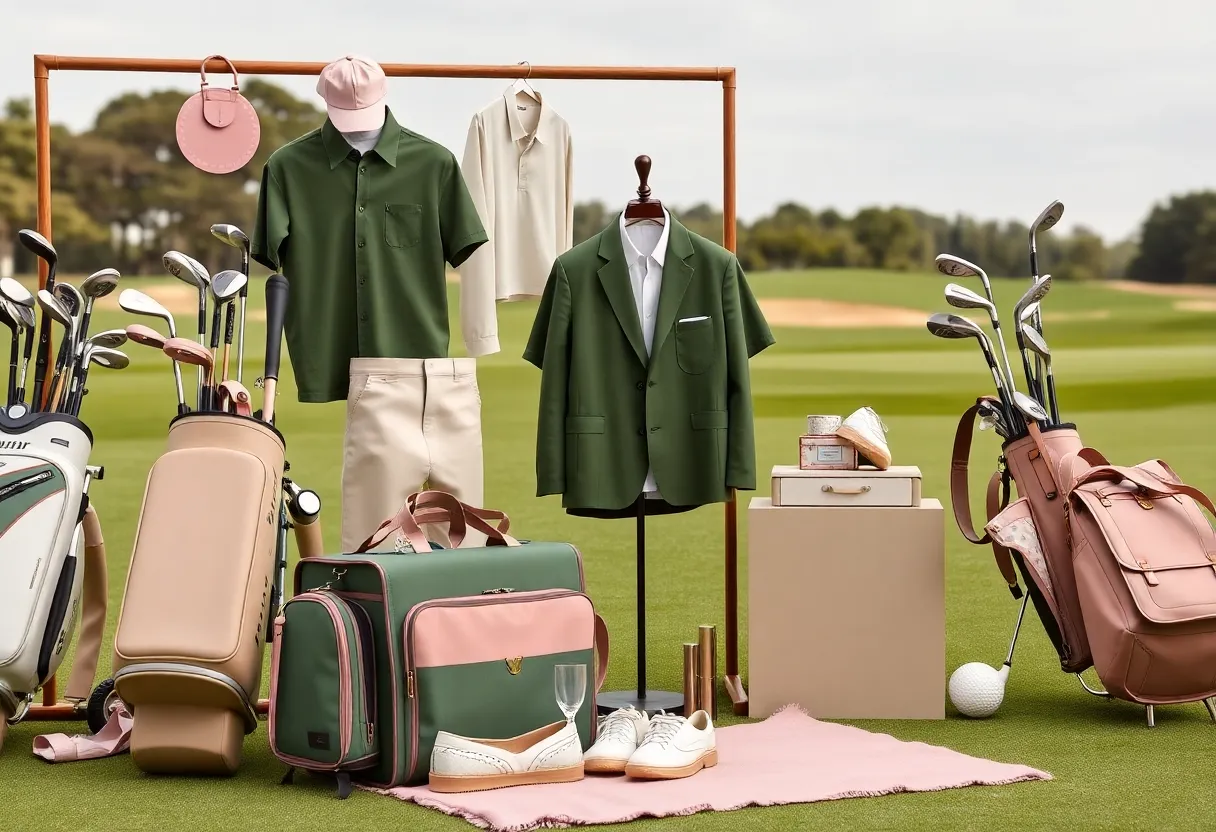 Luxurious high-end golf collection display with apparel and accessories