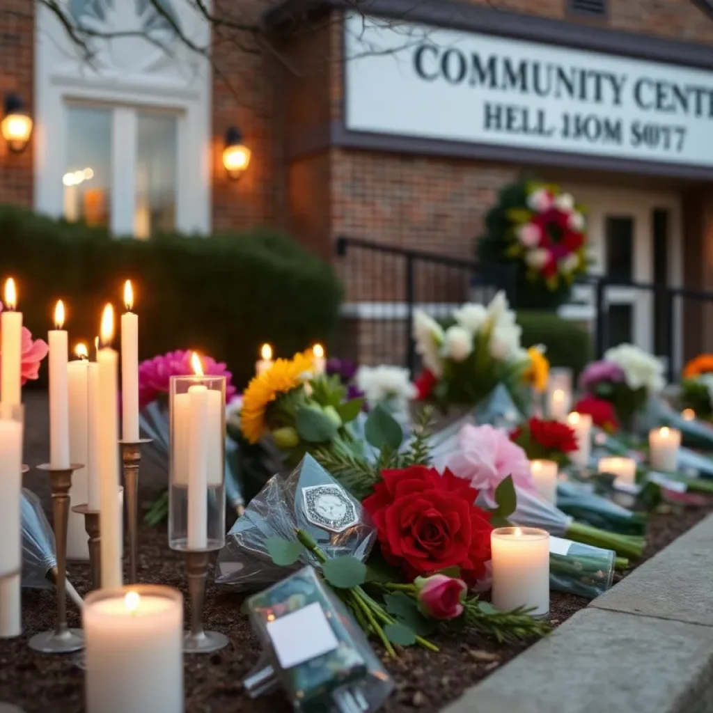 Memorial setup with candles and flowers