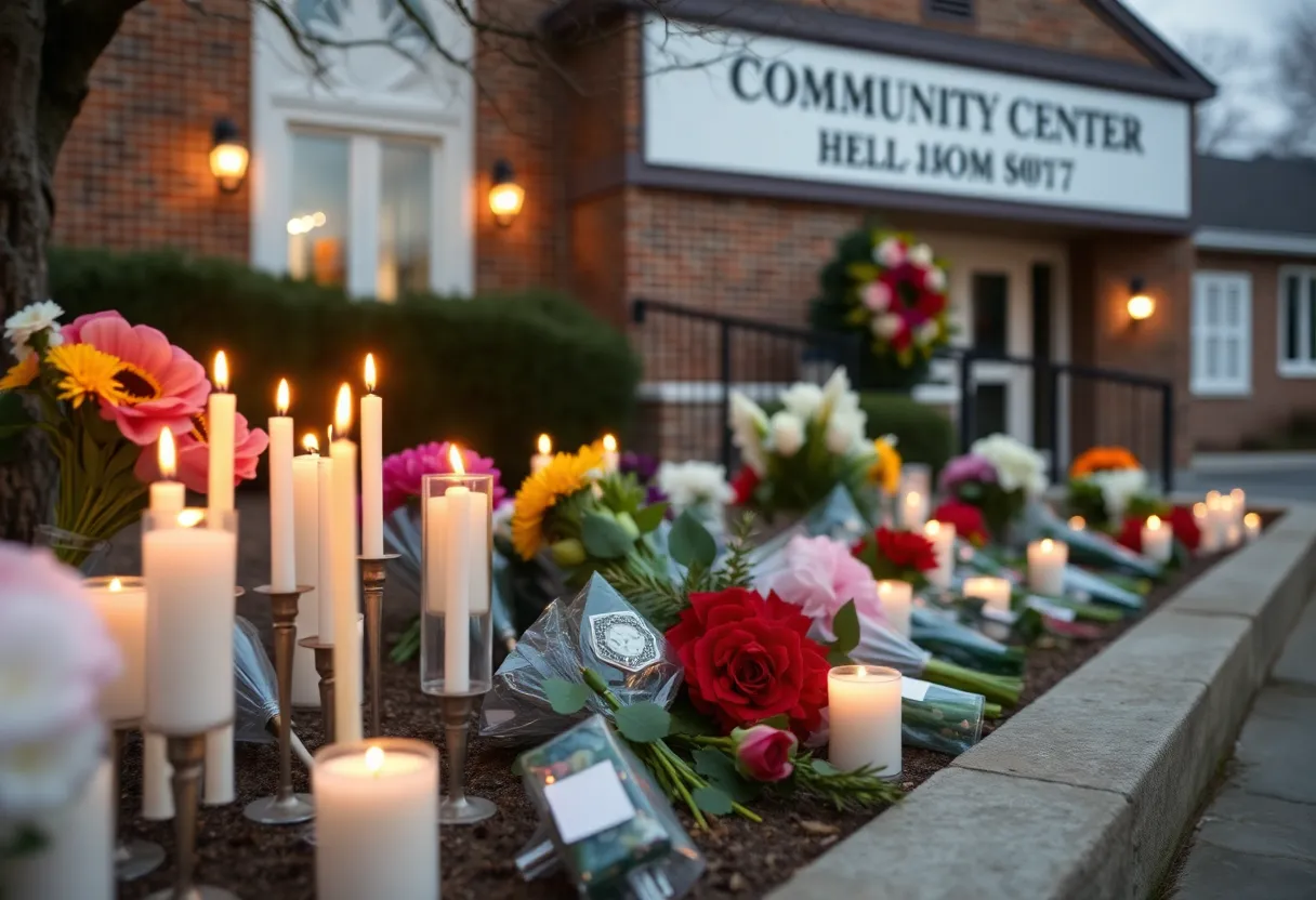 Memorial setup with candles and flowers