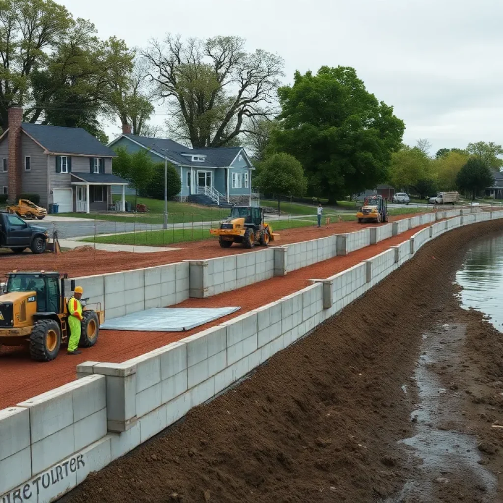 Sea wall construction along Jefferson Chalmers waterfront in Detroit with machinery and houses in the background