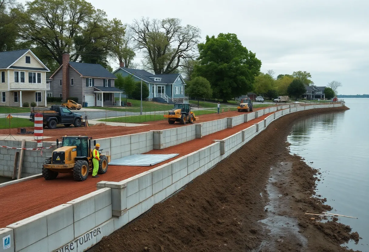 Sea wall construction along Jefferson Chalmers waterfront in Detroit with machinery and houses in the background