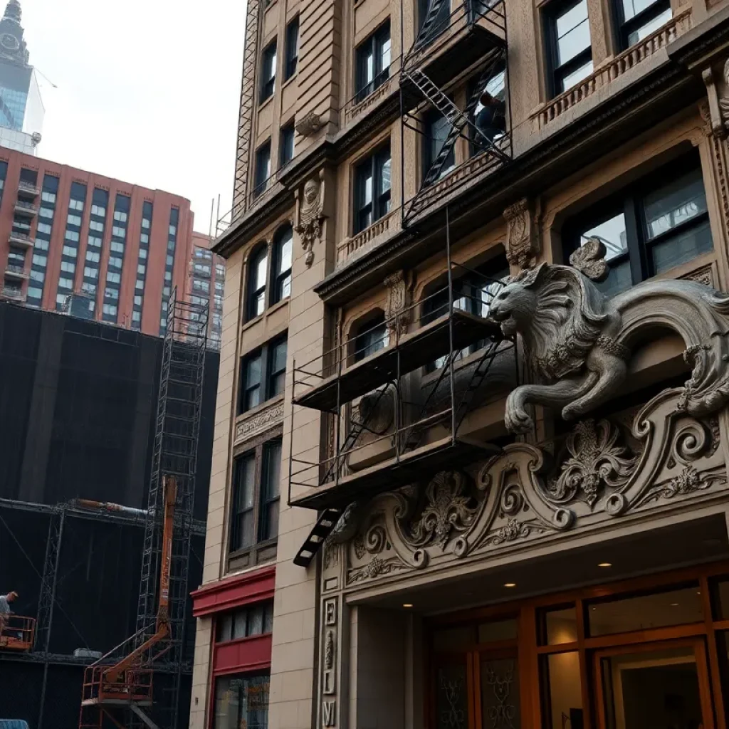 Lee Plaza tower under restoration with scaffolding and restored Art Deco façade and terra cotta details
