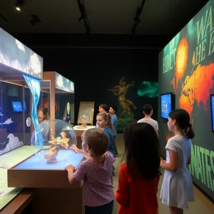 Families exploring the Leonardo da Vinci exhibition at the Michigan Science Center