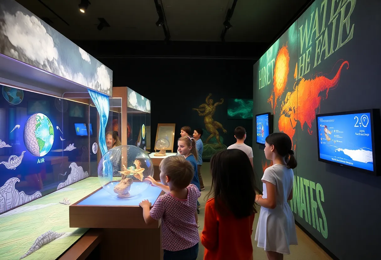 Families exploring the Leonardo da Vinci exhibition at the Michigan Science Center