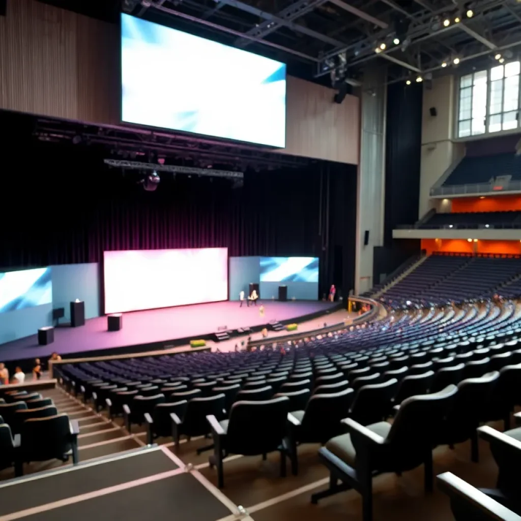 View of an empty concert arena with a vibrant stage setup