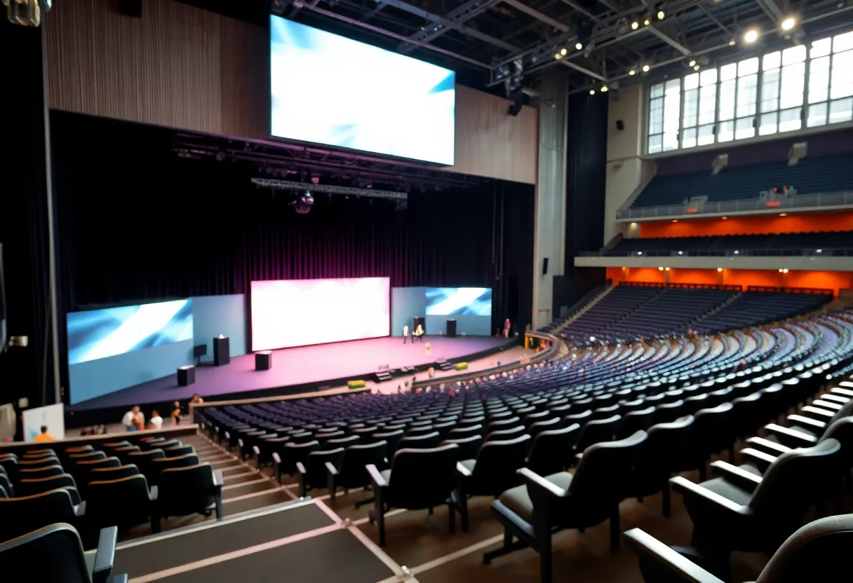 View of an empty concert arena with a vibrant stage setup
