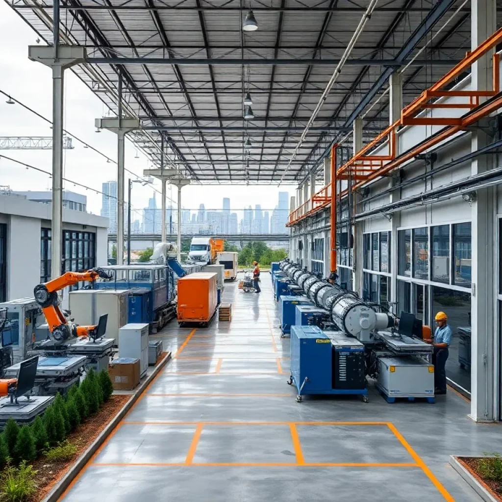 Modern automated factory producing insulated window and facade panels on an urban industrial campus in Detroit