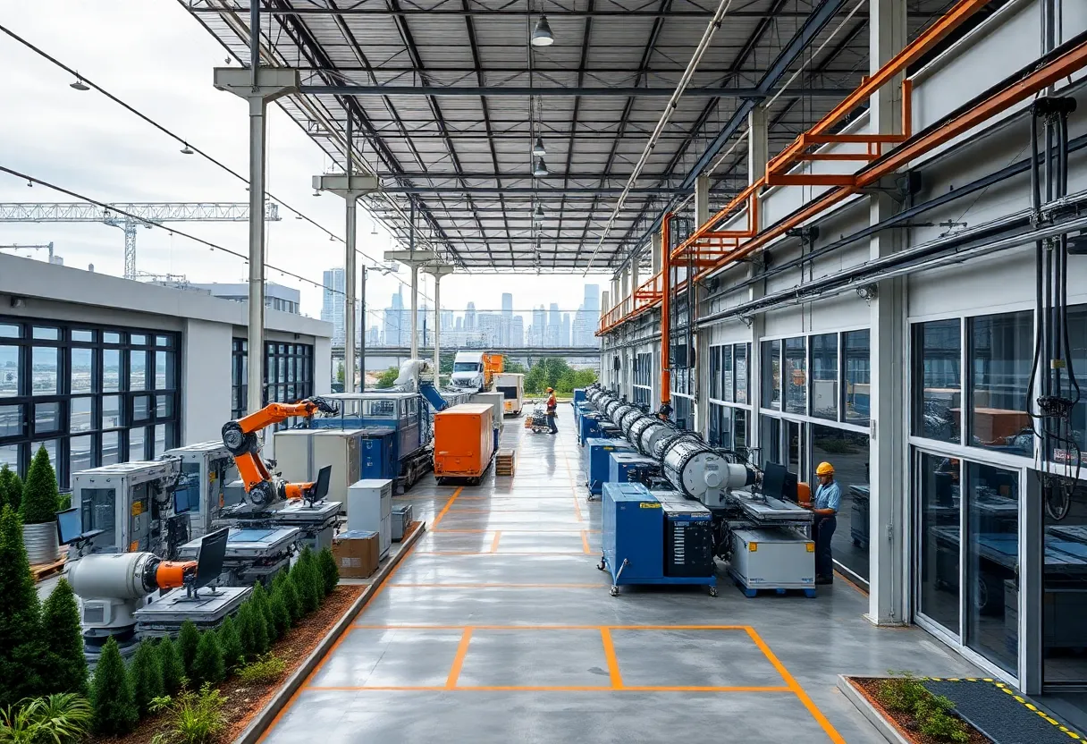 Modern automated factory producing insulated window and facade panels on an urban industrial campus in Detroit