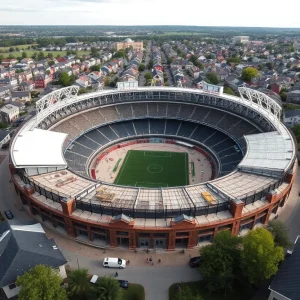 Post A Job in Detroit MI Aerial view of Memorial Stadium renovations surrounded by homes
