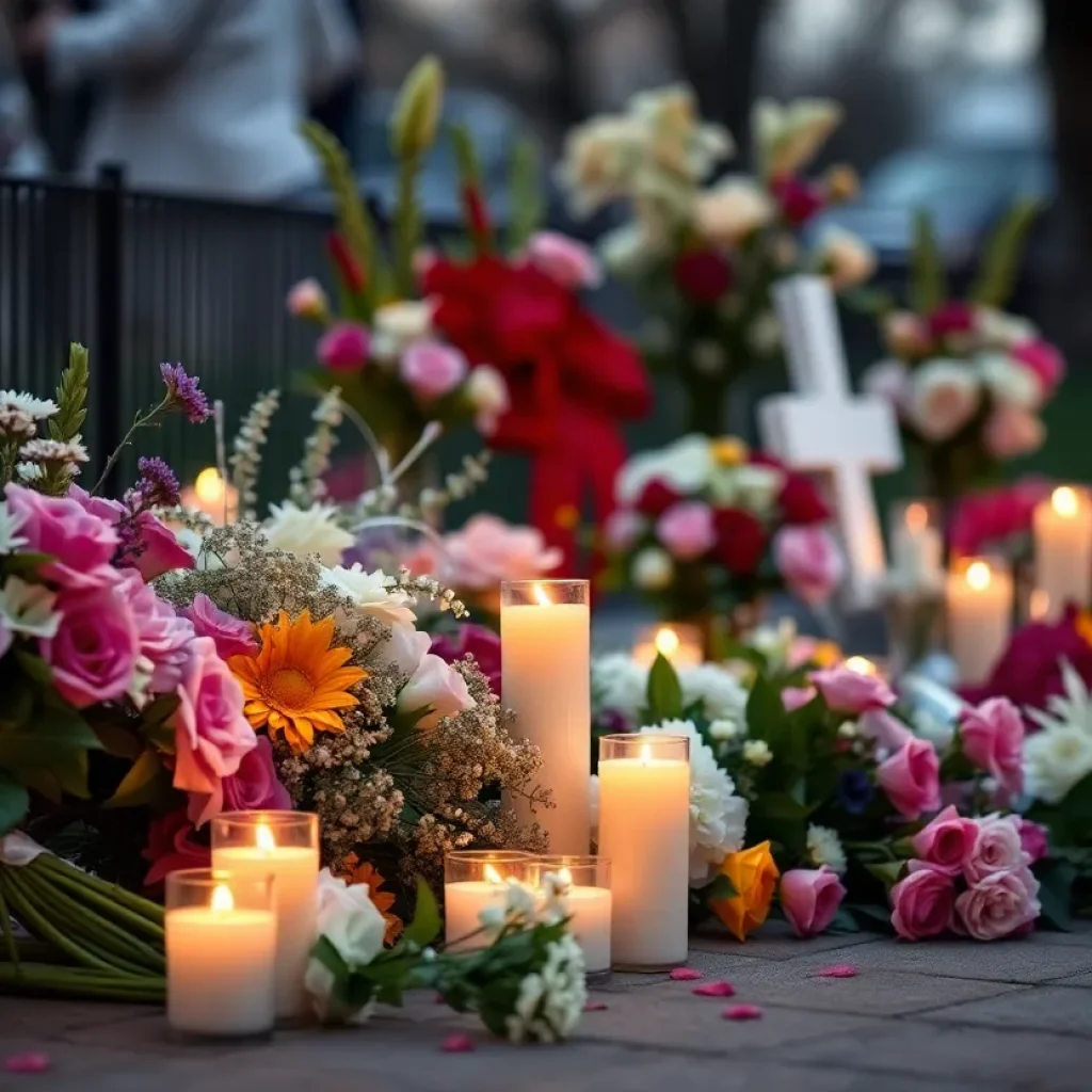 A quiet memorial setting with flowers and candles.