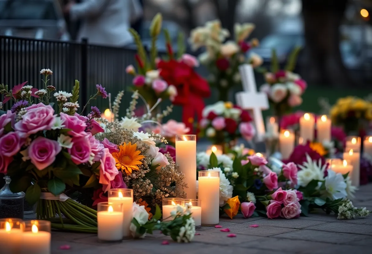 A quiet memorial setting with flowers and candles.